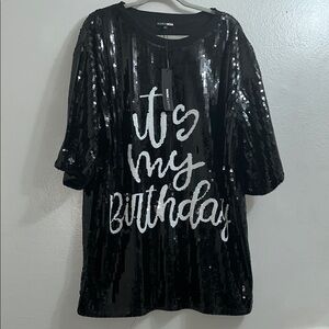 BNWT-Fashion Nova  Black Sequins Top/ Happy Birthday Oversized party dress shirt